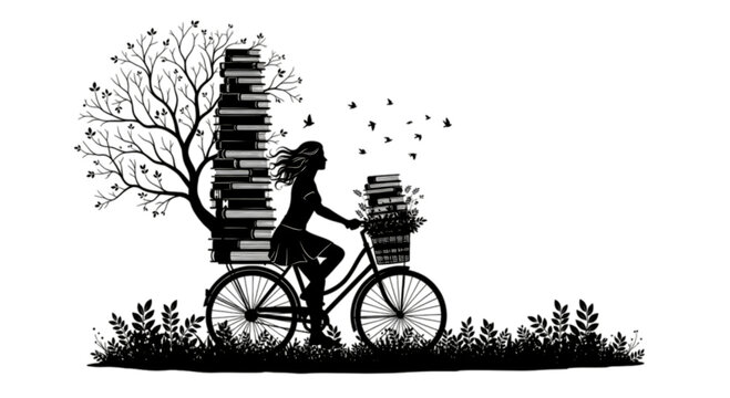Photo of silhouette of a woman riding a bicycle with books stacked high, isolated on transparent background