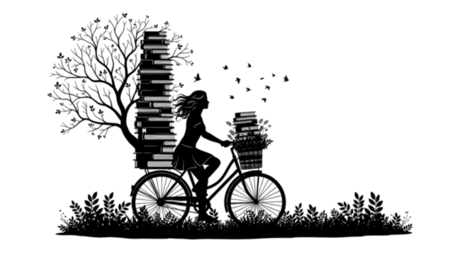 Photo of silhouette of a woman riding a bicycle with books stacked high, isolated on transparent background