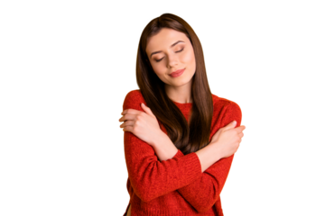 Photo of affectionate sweet pretty cute young girl embracing herself in calm atmosphere with eyes closed isolated over vivid color background