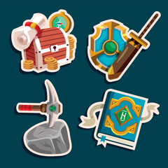 Sticker Collection of Fantasy Game Items Including Weapons, Treasure, and Magic