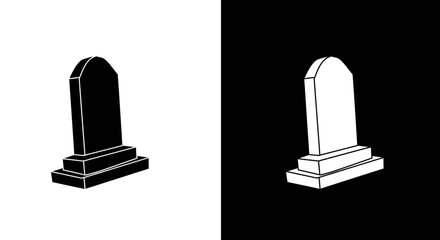 A simple graphic illustration of a tombstone, presented as a black silhouette and a white outline on contrasting backgrounds.