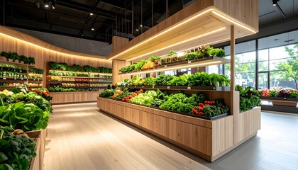 Modern and brightly lit organic grocery store or supermarket featuring fresh vegetables and produce on sleek wooden displays.