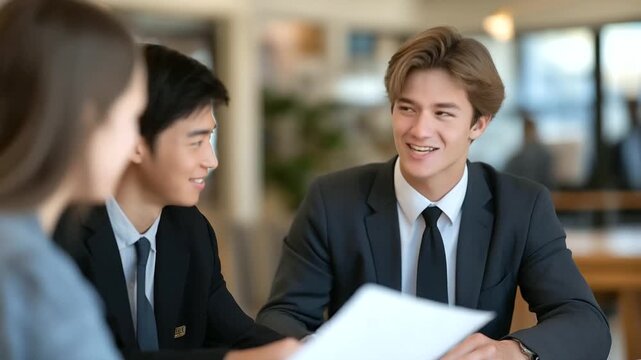 group of global MBA students role playing negotiation scenario soft shuffle of papers low murmur authentic business training three quarter wide angle cinematic color correction