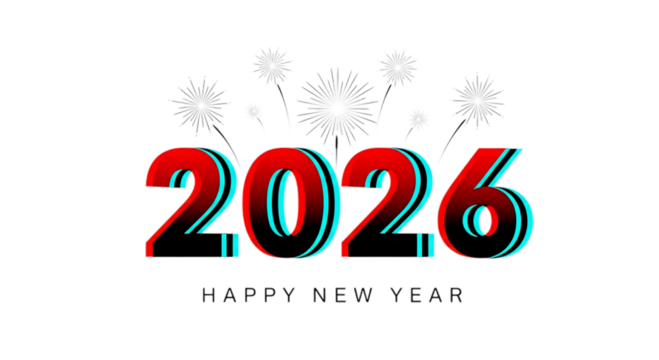 Photo of happy new year 2026 text with fireworks isolated on transparent background