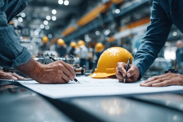 Two workers review a blueprint in a factory pens in hand hardhat nearby