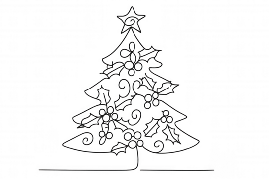 Christmas tree continuous line art drawing with star on top and holly, elegant seasonal holiday element