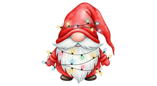 Photo of cute christmas gnome with colorful string lights isolated on transparent background
