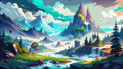 A beautiful fantasy landscape on a white background. Mountains, trees, fog. Watercolor painting. Abstract intricate splashes of paint on a white background. Generative  © williamnoah