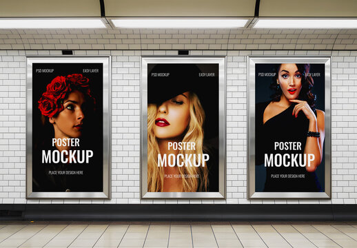 Three Vertical Poster Mockups in Subway Station