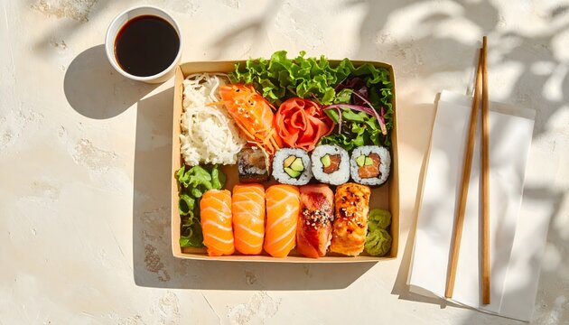 Fresh sushi and rolls set in a sustainable takeaway box, with salmon nigiri, baked salmon, wasabi, and soy sauce, ideal for food delivery or lunch. - Powered by Adobe
