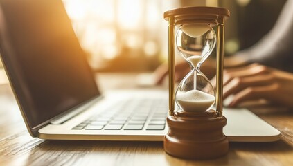 A wooden hourglass sits atop a desk next to a laptop, as hands type. Light streams in