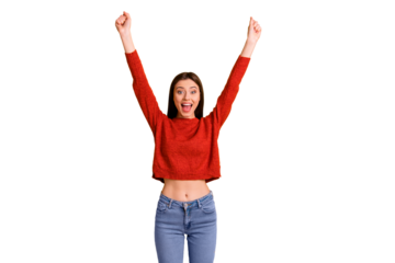 Photo of cute charming nice cheerful girlfriend with her hands up having waited for sales wearing jeans denim isolated over vivid color yellow background