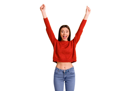 Photo of cute charming nice cheerful girlfriend with her hands up having waited for sales wearing jeans denim isolated over vivid color yellow background