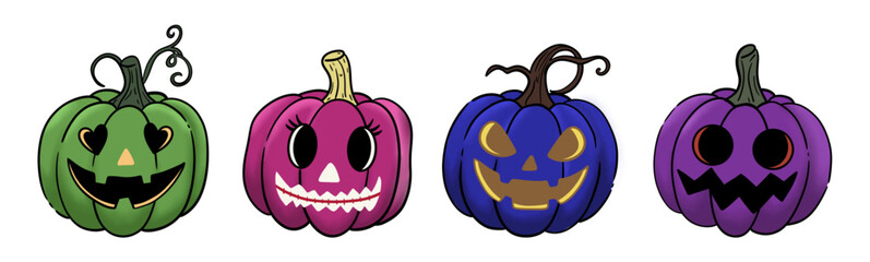 Set of four colorful and expressive Halloween pumpkins.