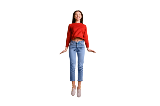 Full length body size photo of cheerful cute nice gorgeous attractive girl starting to fly up in footwear smiling toothily jumping isolated over yellow vivid color background