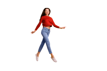 Full length body size photo of cheerful cute nice charming fascinating girlfriend running for sales jumping up wearing sneakes isolated over yellow vivid color background