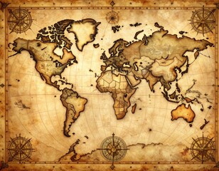 Antique world map displaying continents and oceans with aged paper texture and ornate compass roses evoking a sense of exploration and historical discovery.