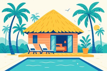 Tropical beach bungalow with pool and palm trees under sunny sky in flat style on light background, perfect for vacation and travel themes. Ai generative