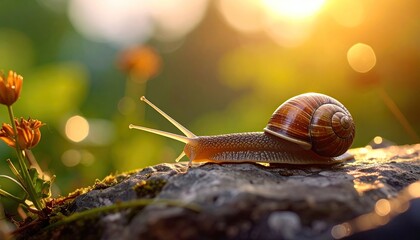 Snail Crawling on Stone with Blurred Green Background Under Bright Sunlight