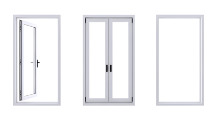 Three white interior doors with frames isolated on transparent background