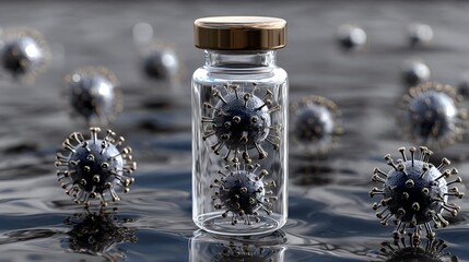 A clear glass vial filled with a virus sample, surrounded by floating virus particles, representing ongoing research in virology and health regulations.