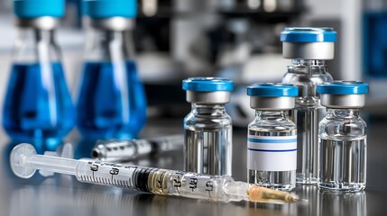 A close-up image of vaccine vials alongside a syringe on a laboratory table. This scene highlights the critical role of vaccinations in healthcare and medical advancements.