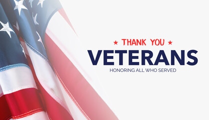 Veterans Day Background Design with Honoring all who served lettering and USA flag illustration. Banner, Poster, Greeting Card. Vector Illustration.