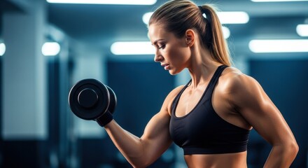 Young woman lifting dumbbell in gym. Concept of power, motivation, and healthy lifestyle. Fitness equipment for body training.