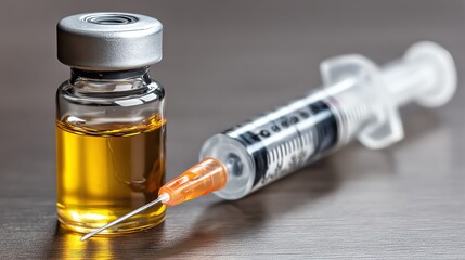 A close-up of a sterile syringe filled with golden liquid, placed next to a vial