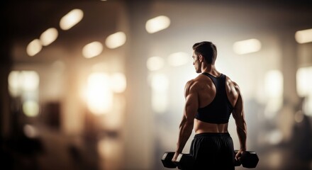 Muscular man holding dumbbells in gym ready for workout. Fitness and sport concept. Weight training for strength and body building.
