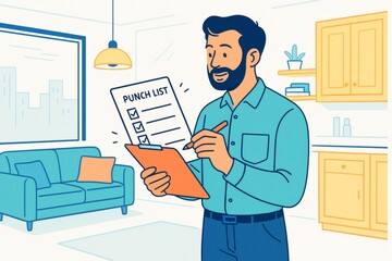 Man checking punch list on clipboard in modern living room with soft colors, highlighting business productivity and task completion concept. Ai generative