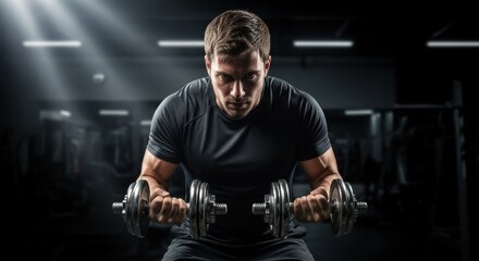 Man training with dumbbell. Athlete lifting weight. Fitness workout for strength and muscle.