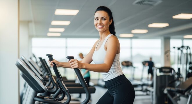 Woman working out on elliptical machine in gym. Healthy lifestyle and fitness activity. Cardio exercise for weight loss.