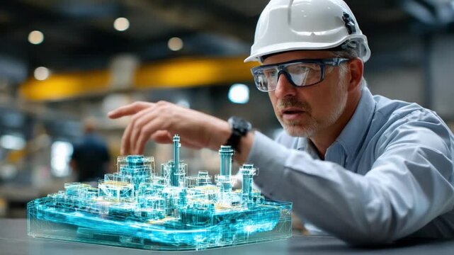Engineer in Thoughtful Focus: A seasoned engineer wearing protective eyewear and a hard hat deeply examines a detailed holographic representation of industrial machinery, focusing intensely.