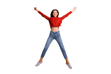 Full size photo of positive cheerful pretty millennial girl jump raise her hands like wings star...
