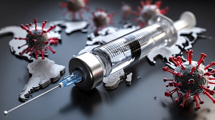 A close-up view of a syringe with a needle positioned over a world map. The backdrop features stylized virus illustrations, symbolizing global health and vaccination efforts.