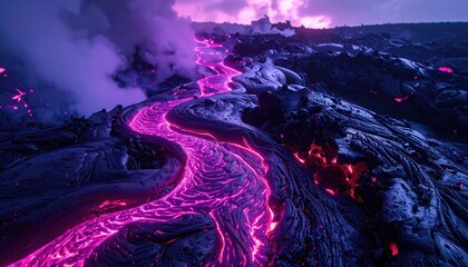Flowing lava rivers at night, vibrant pink glow