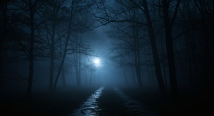 Fototapeta premium Misty Moonlight Eerie Path through Dark Forest with Gloomy Night Ambience.