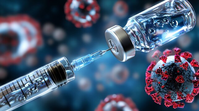 A close-up view of a syringe extracting a vaccine from a vial, surrounded by representations of viruses