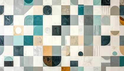 Abstract geometric pattern, composed of squares and various shapes, in muted colors