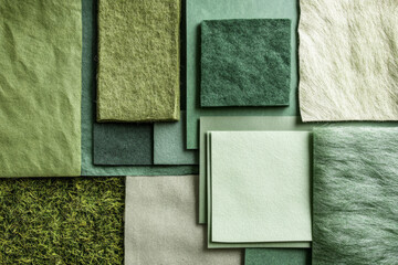 Fototapeta premium Close up of various green fabric and felt samples arranged surface, showcasing different textures and shades of green, with some samples layered and others laid flat, creating visually appealing