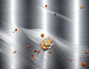 Abstract metallic backdrop with scattered organic elements