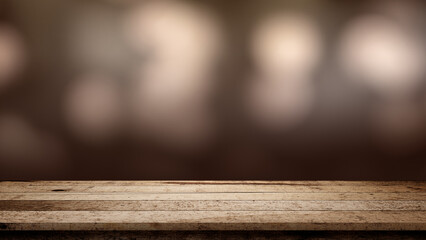 Rustic wooden table surface with blurred brown background. Mockup, template, or copy space. Product display and promotional content