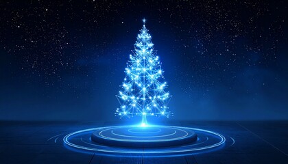 Holographic Christmas Tree on a Glowing Platform Against a Dark Starry Sky