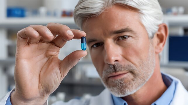 A focused scientist examining a blue capsule in a laboratory setting, showcasing the importance of pharmaceuticals in modern medicine. Discover the world of drug development.