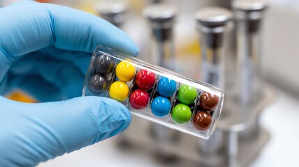 A hand wearing a blue glove holds a transparent container filled with colorful, spherical samples