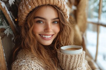 Woman in winter outfit holding a cup of coffee.