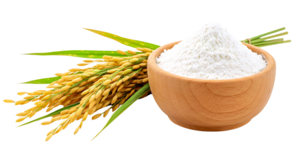 Rice flour in a wooden bowl with rice stalks isolated on transparent background
