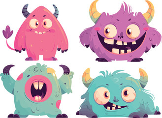 A set of cute cartoon monsters in bright colors. Adorable fantasy creatures with horns, tails, and big eyes, perfect for kids illustrations, stickers, and games.
