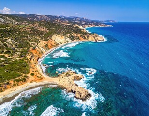 Coastal landscape, rocky shore, turquoise water, and hills